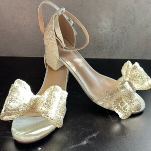 Kailee P Crochet Lace Block Heel Sandals with Oversized Crochet Lace Bow